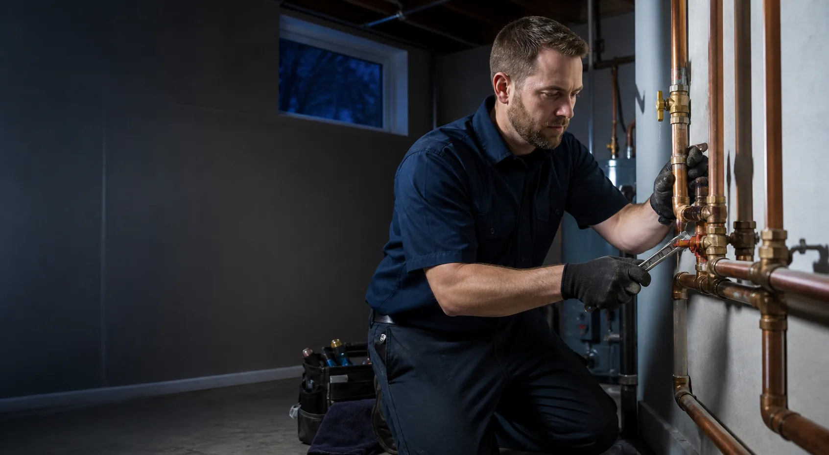 Plumber repairing an urgent copper pipe problem in Sioux Falls