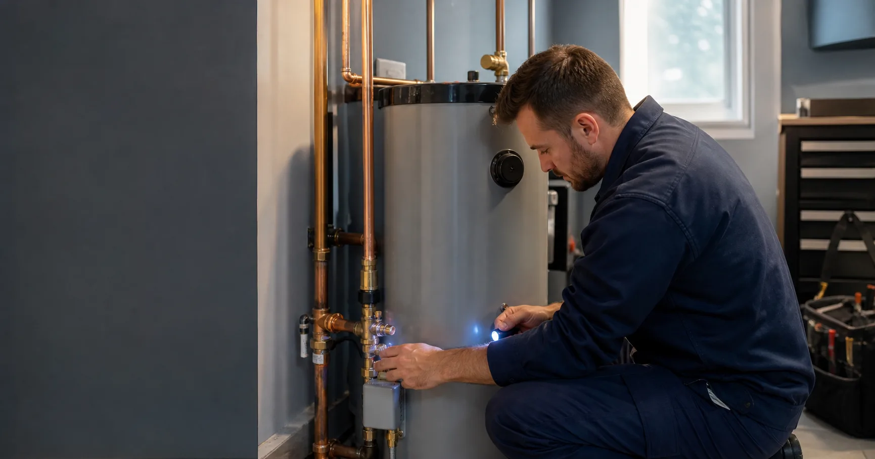 Plumber checking a residential water heater in Sioux Falls